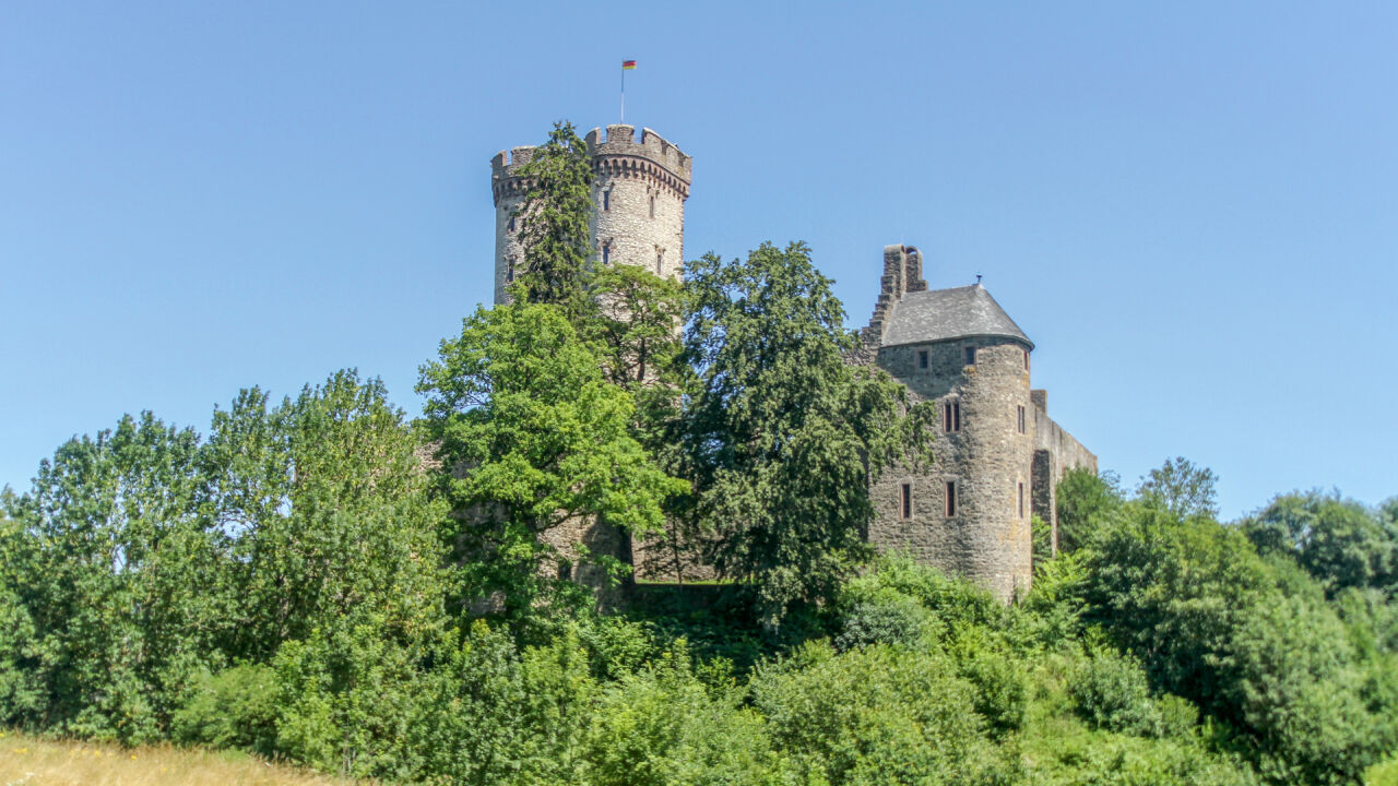 Burg mit rundem Turm hinter Bäumen unter blauem Himmel
